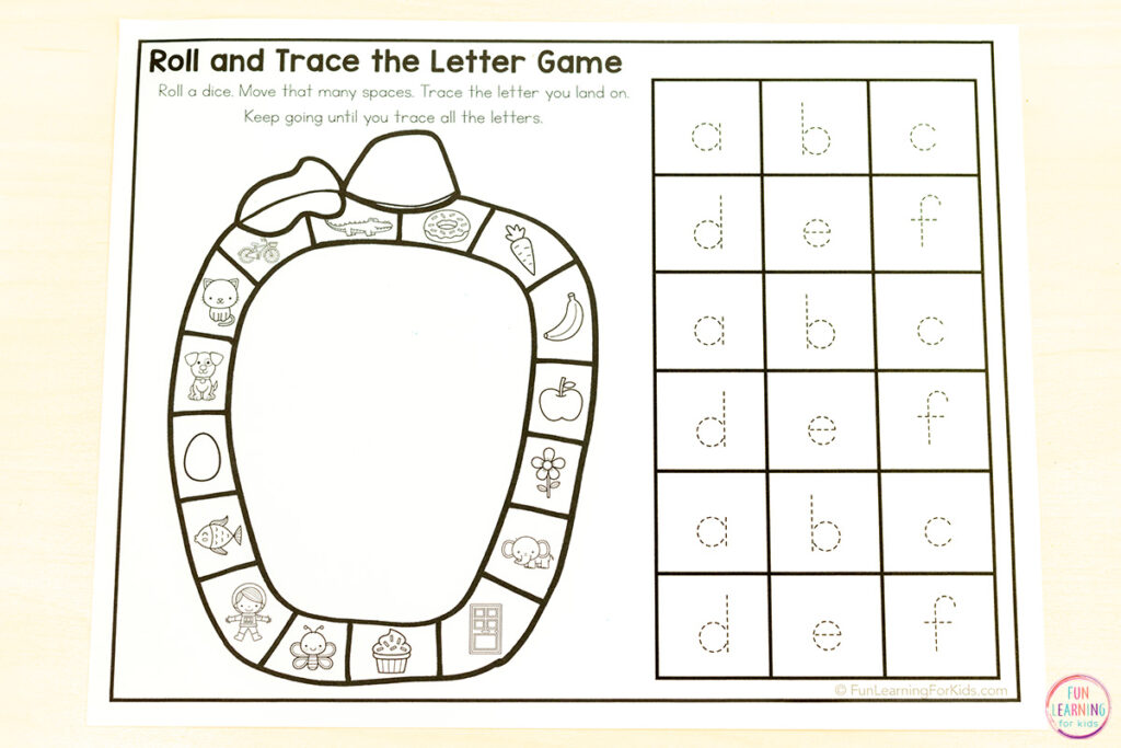 No-prep pumpkin alphabet board game worksheets for your October alphabet or literacy centers.