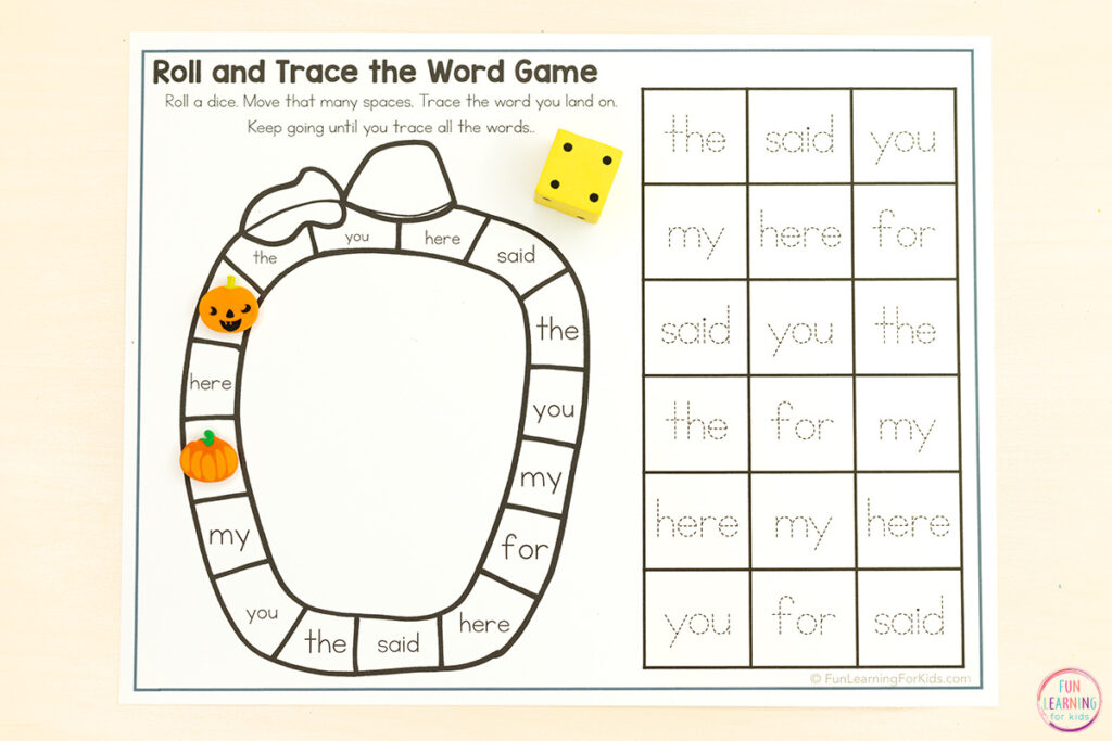 Fall editable board game worksheets for a fun way to practice reading and writing sight words, high frequency words, heart words, etc.