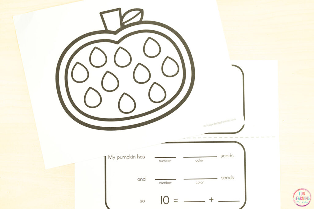 Pumpkin math craft for learning addition in kindergarten math lessons.