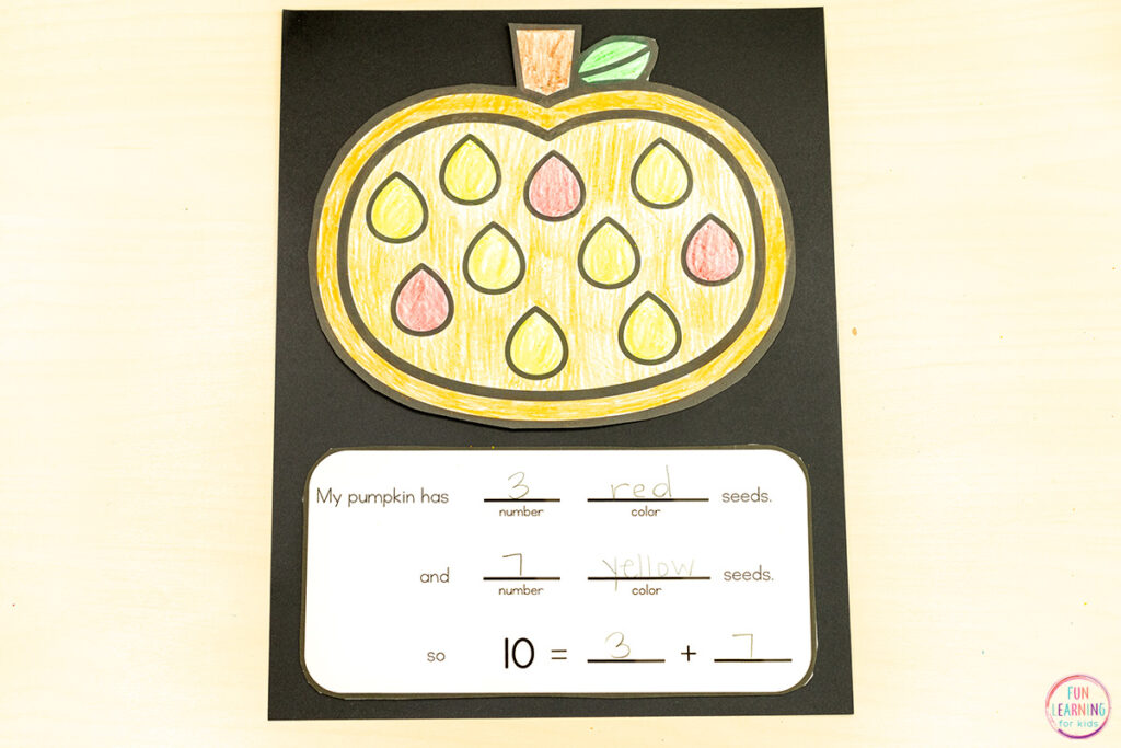 Pumpkin addition and friends of ten math craft for kids in kindergarten.