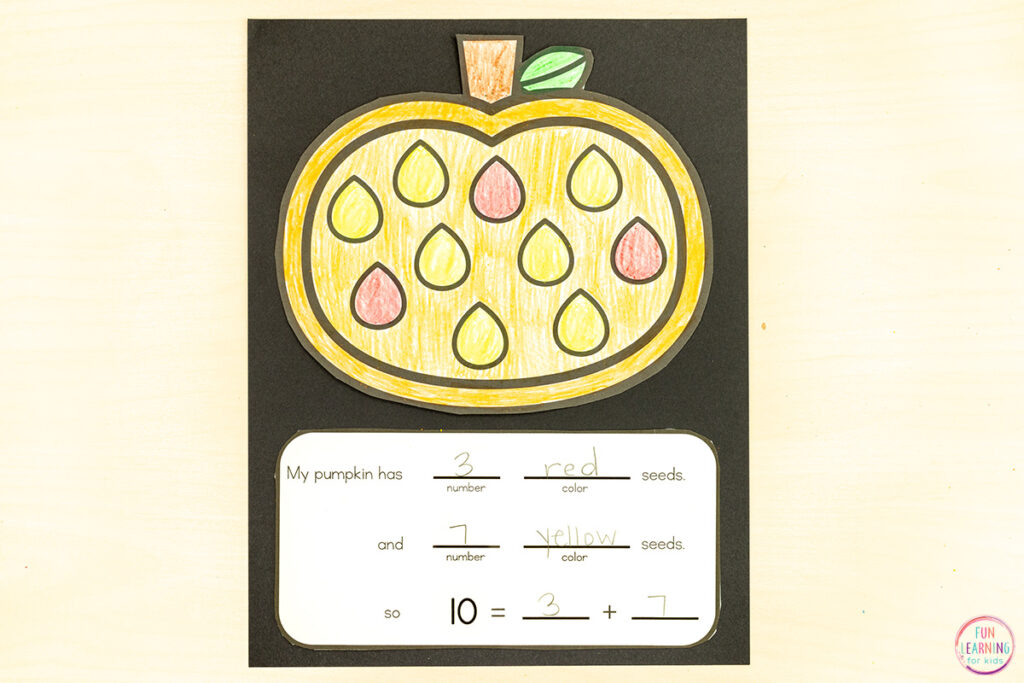 Pumpkin math craft activity for learning addition in kindergarten.