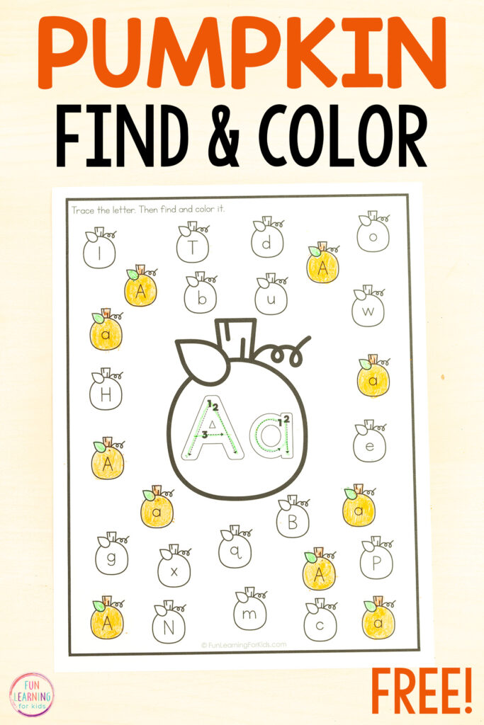Pumpkin trace and color alphabet worksheets for fall alphabet practice.