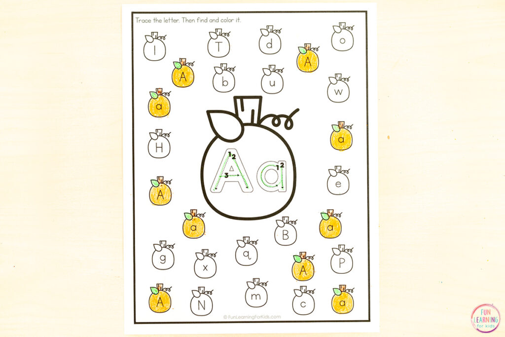 Pumpkin trace and color the letter alphabet activity worksheets for fall literacy centers in kindergarten.
