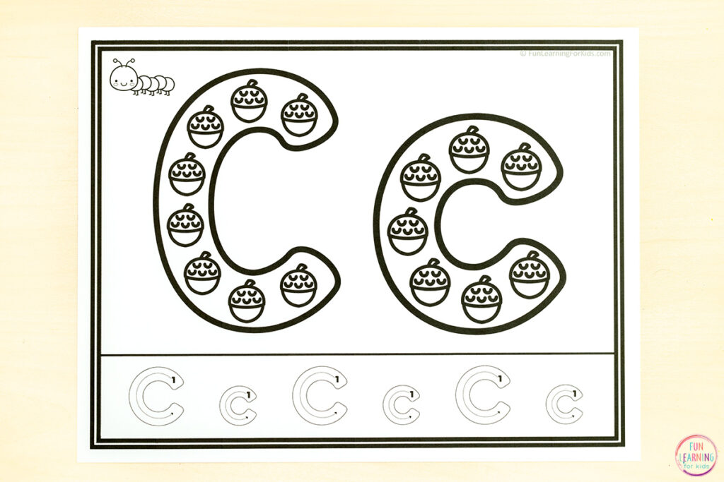 Acorn dot marker alphabet sheets for letter identification and letter formation practice in fall literacy centers.