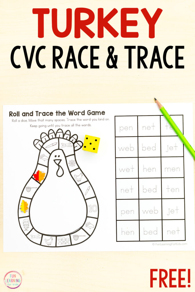 Free printable turkey theme race and trace CVC board game worksheets for practice with blending and segmenting CVC words this Thanksgiving.