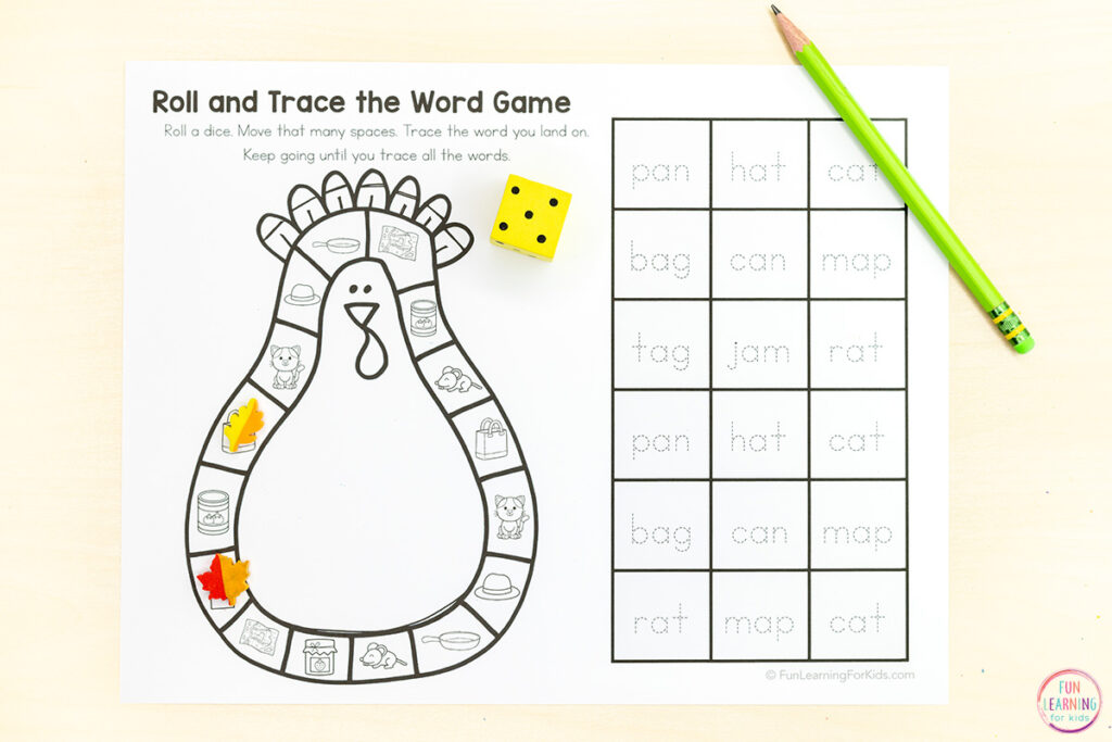 CVC word read and trace board game worksheets activity for kids to get fun practice with reading and spelling this Thanksgiving.