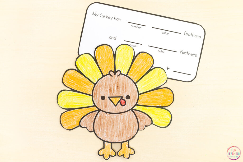 Free printable turkey craft for math practice in kindergarten and first grade.