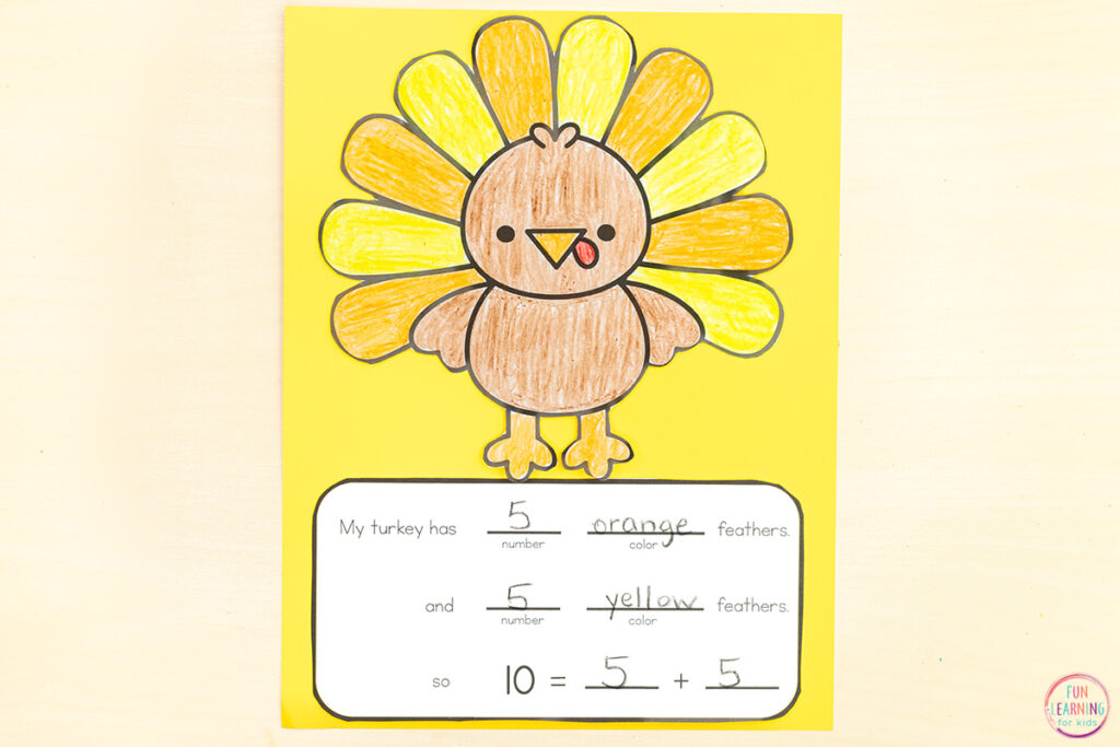 Turkey math craft activity for Thanksgiving in kindergarten and first grade.