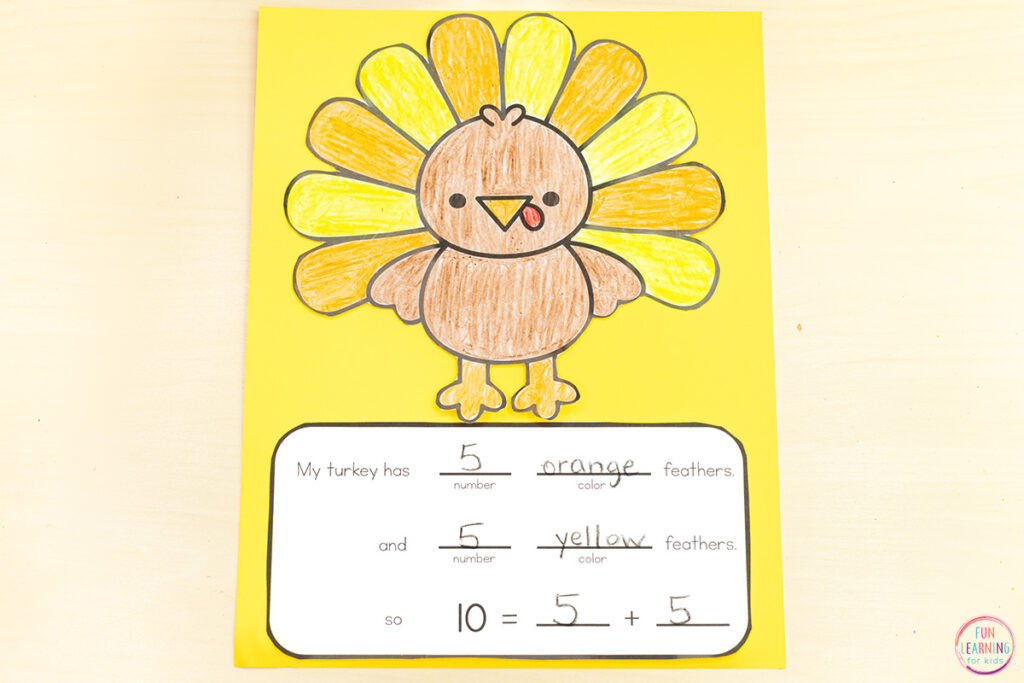 Turkey theme math craft for addition practice with number bonds while building number sense.