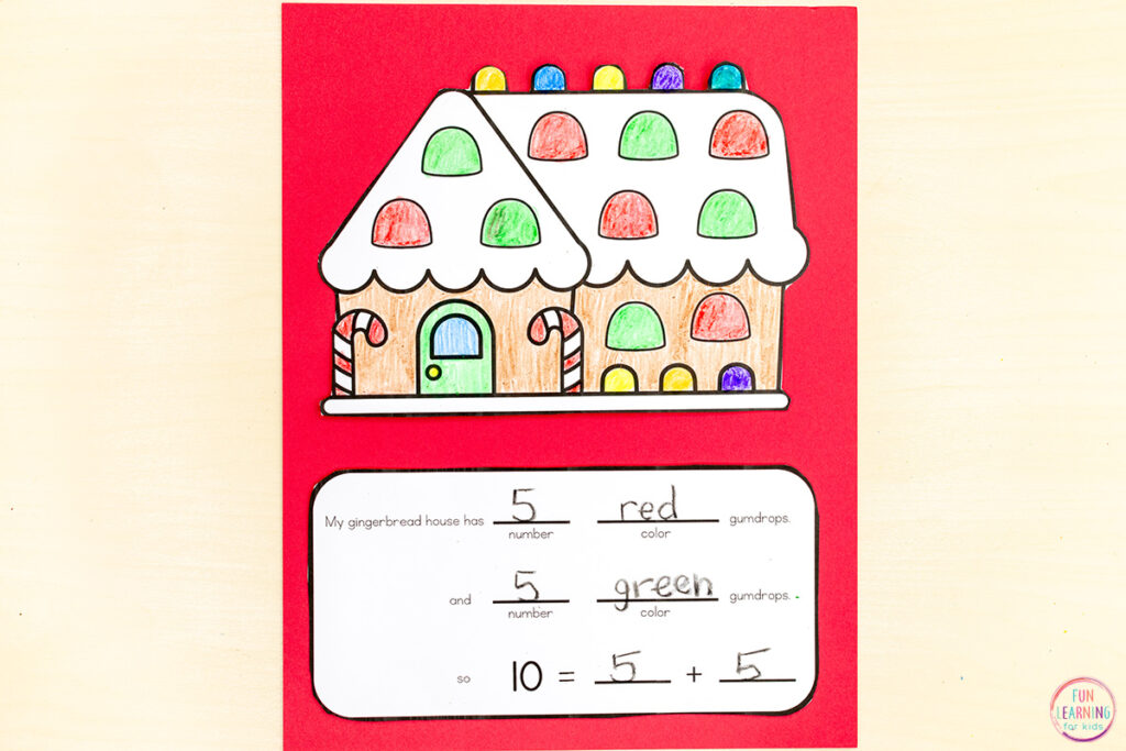 Gingerbread math craft for learning how to make ten and practice composing and decomposing numbers.