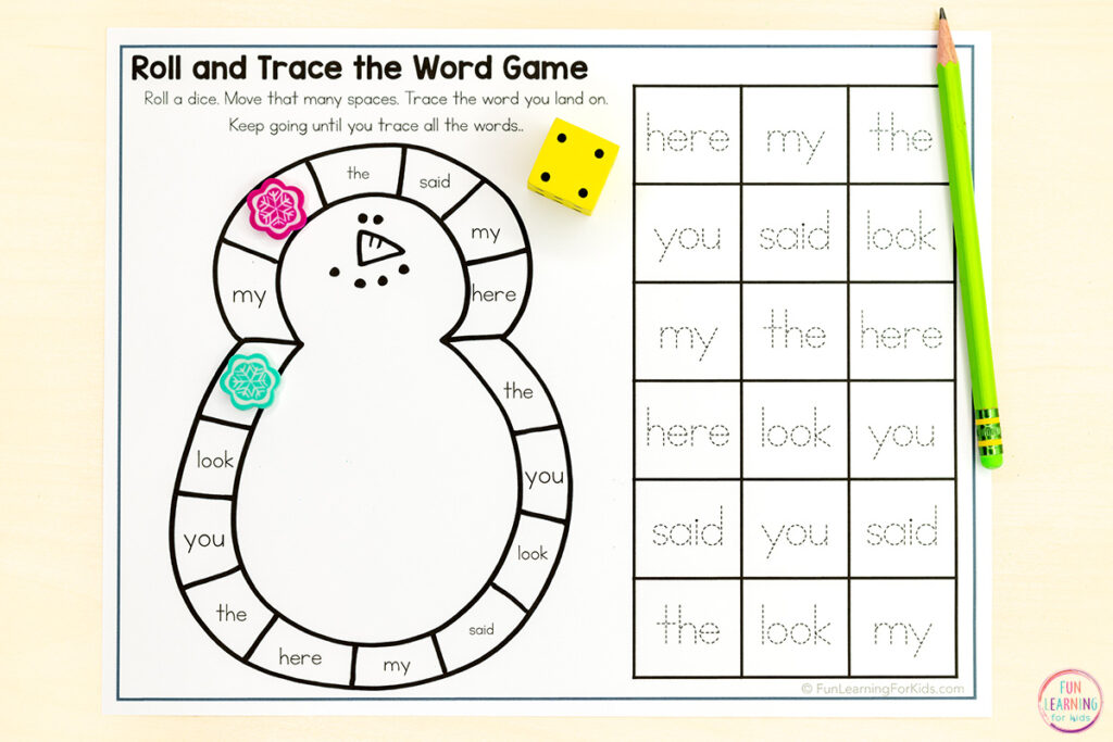 Snowman editable board game worksheets for reading, spelling and writing practice this winter.