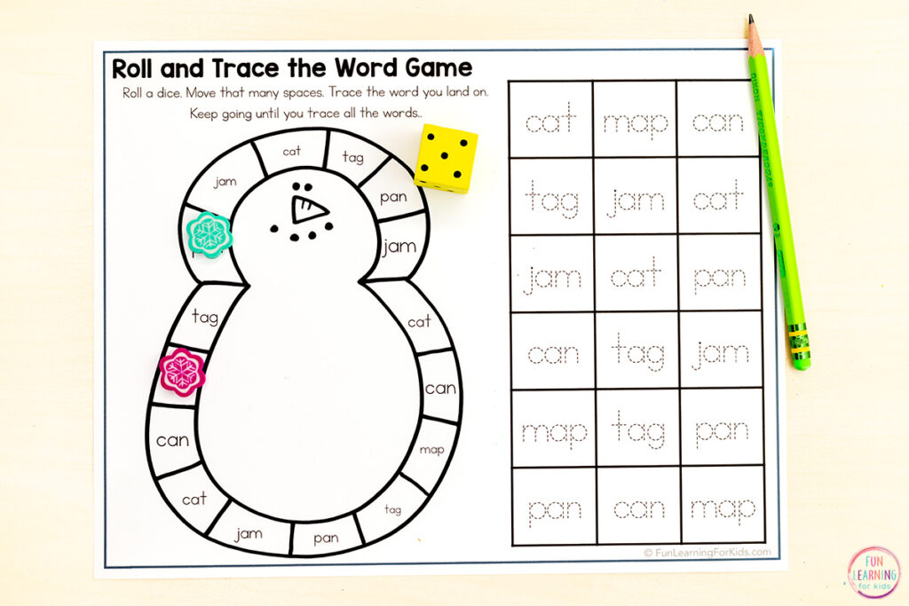 Editable board game reading activity for phonics practice this winter season.