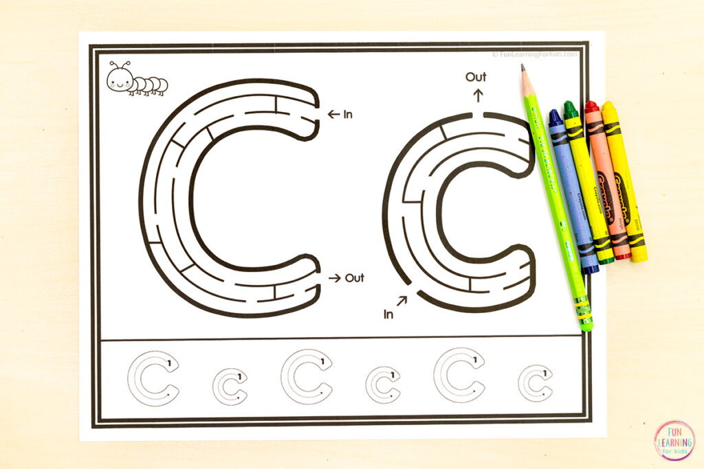 Learning letters with alphabet maze worksheets.