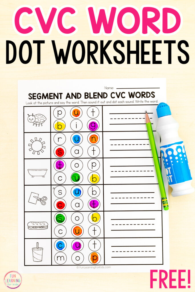 Dot the sounds CVC word worksheets for practice with segmenting and blending CVC words.