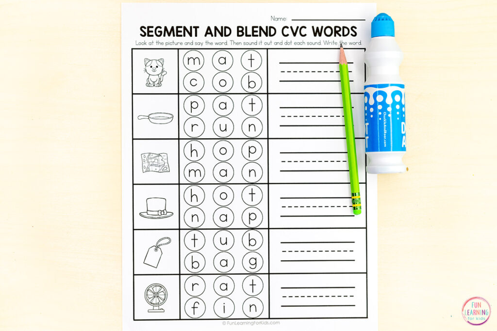 Dot the sounds phonemic awareness worksheets for CVC words.