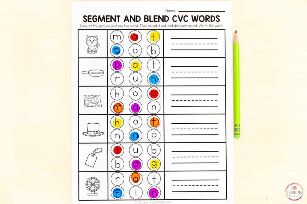 CVC word dot the sounds worksheets for practice with segmenting and blending CVC words while building phonemic awareness.