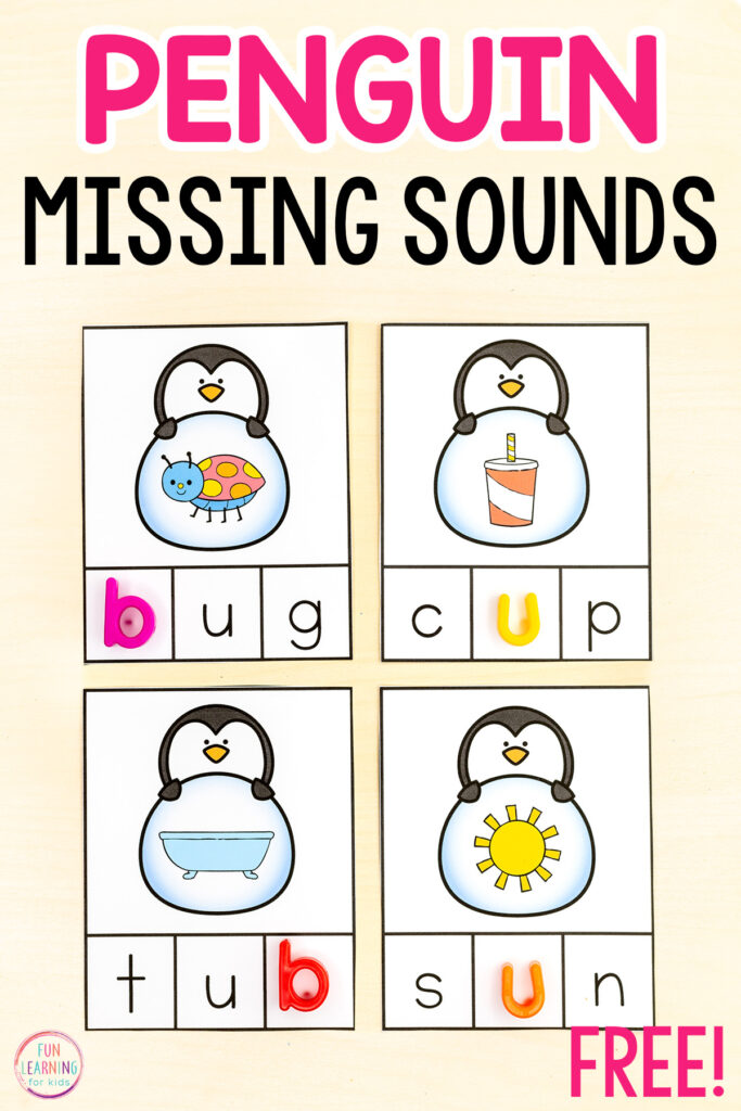 Free printable penguin phonics activity for learning to blend and segment CVC words and build phonemic awareness.