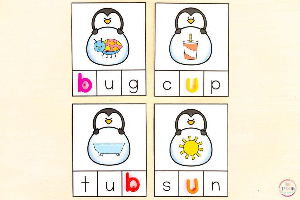 Penguin phonics activity for learning to find the missing sounds in CVC words while building phonemic awareness skills.