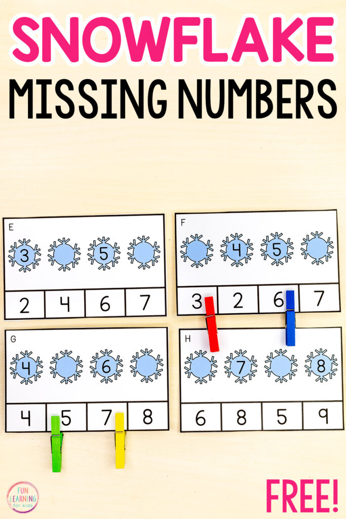 Kindergarten winter math activity for learning to find missing numbers in a sequence.