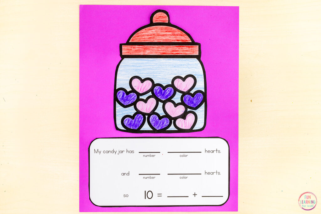 Free printable conversation heart candy math craft for kids in kindergarten.