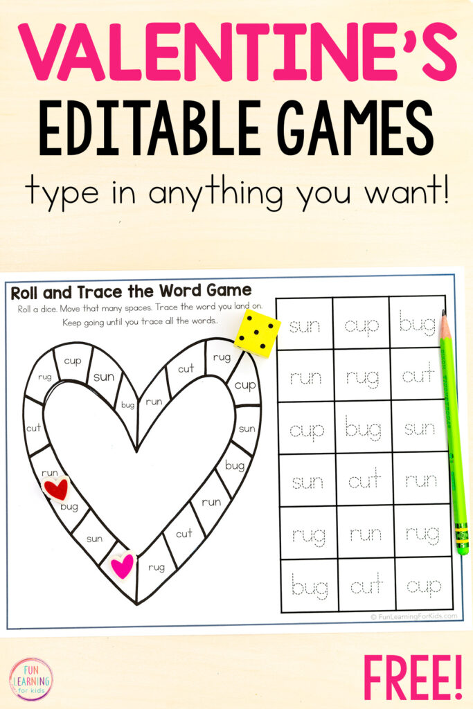 Free printable Valentine's Day heart board game worksheets that you can edit and use for sight words and phonics practice.