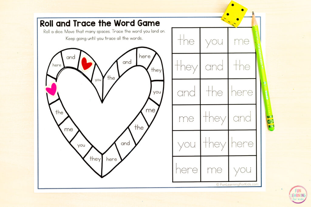 Heart theme board game worksheets for literacy centers and phonics word work.