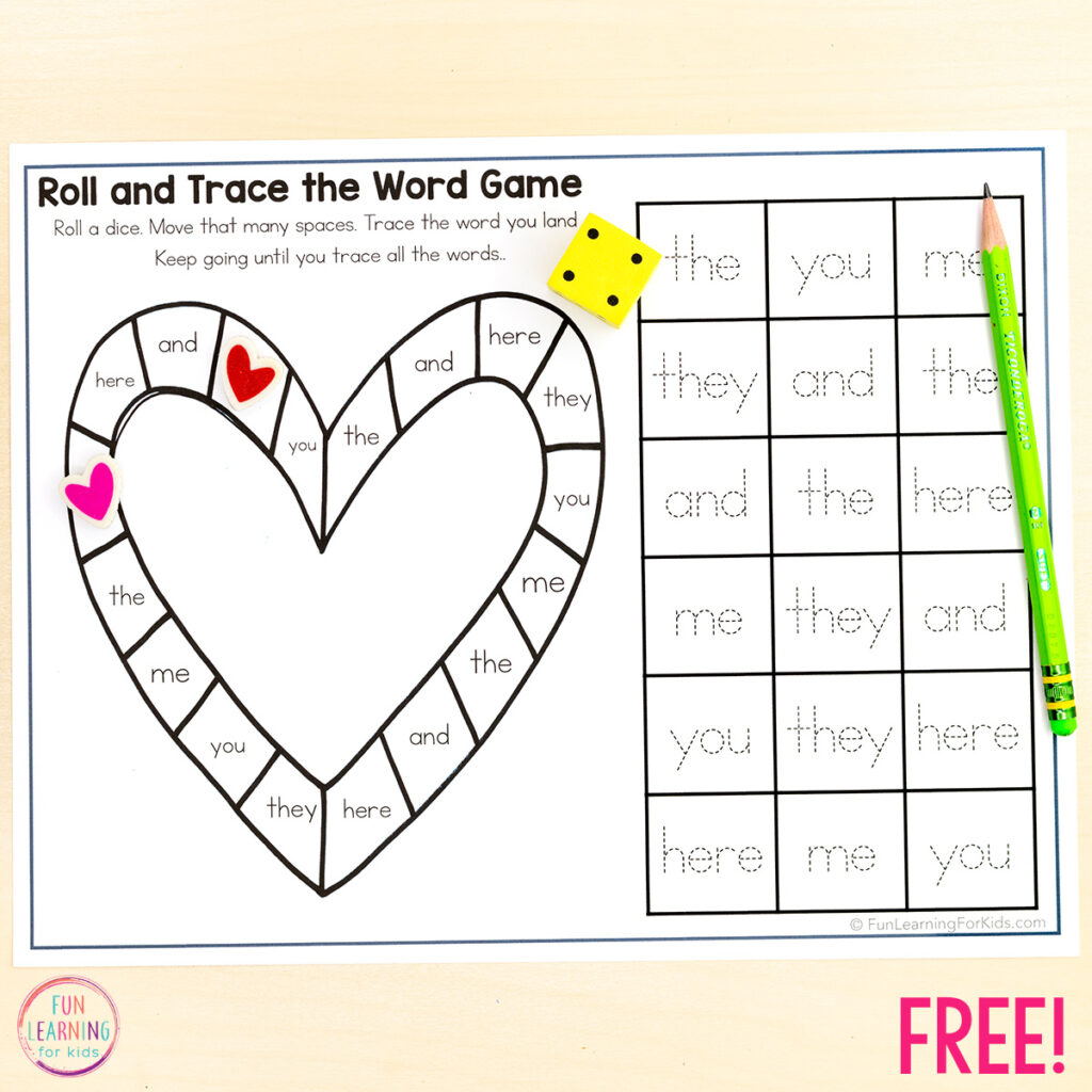Valentine's Day heart theme editable board game worksheets for sight word practice and phonics skills practice.