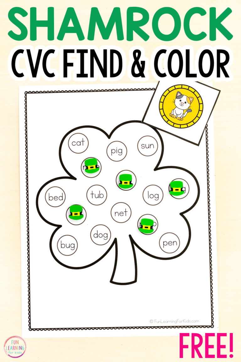 Shamrock Color By Code Math Sheet Shamrock CVC Find and Color Worksheets - Fun Learning for Kids