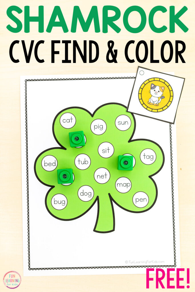 St. Patrick's Day CVC word reading activity for kids in kindergarten.