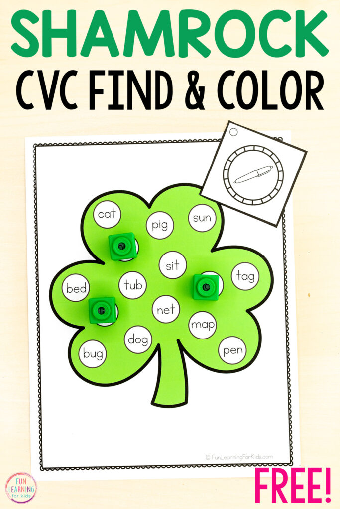 Shamrock St. Patrick's day phonics activity for practice with reading and spelling CVC words.