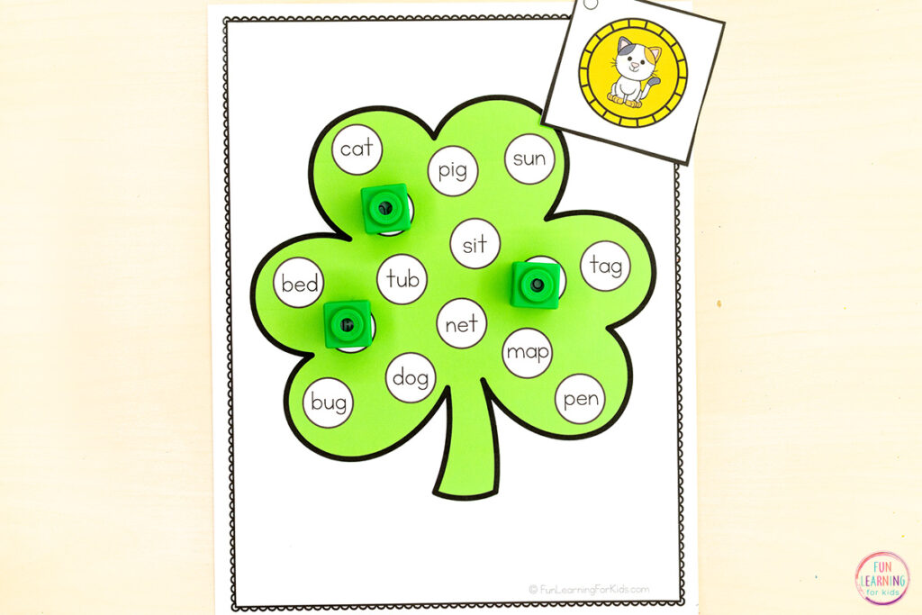 St. Patrick's Day phonics printable activity for kids in kindergarten.