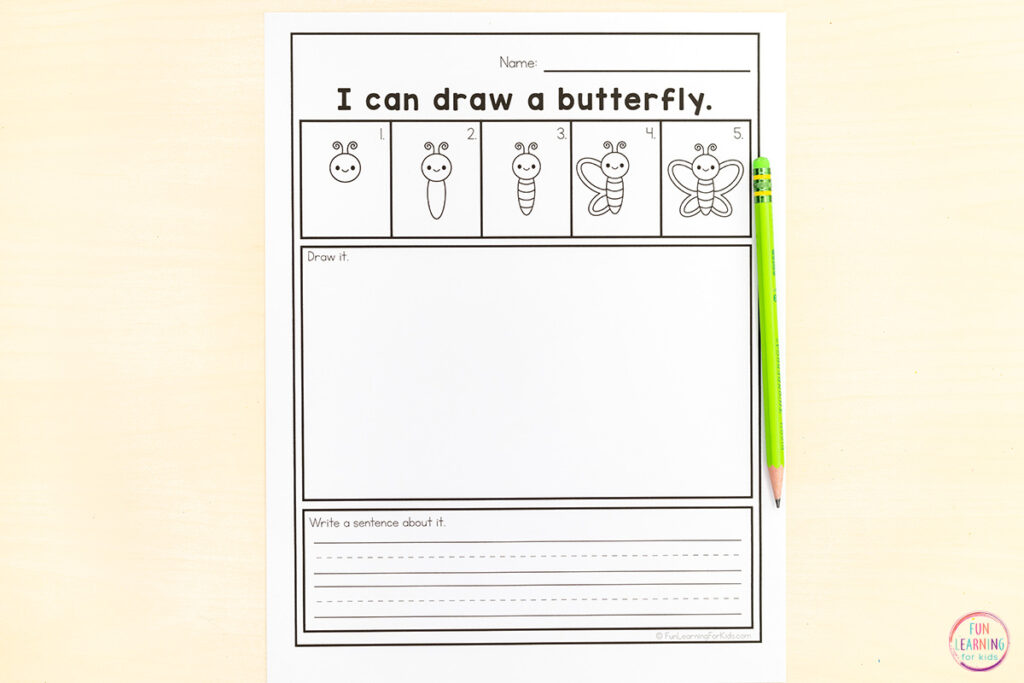 Spring drawing activity for kids that combines writing and art.