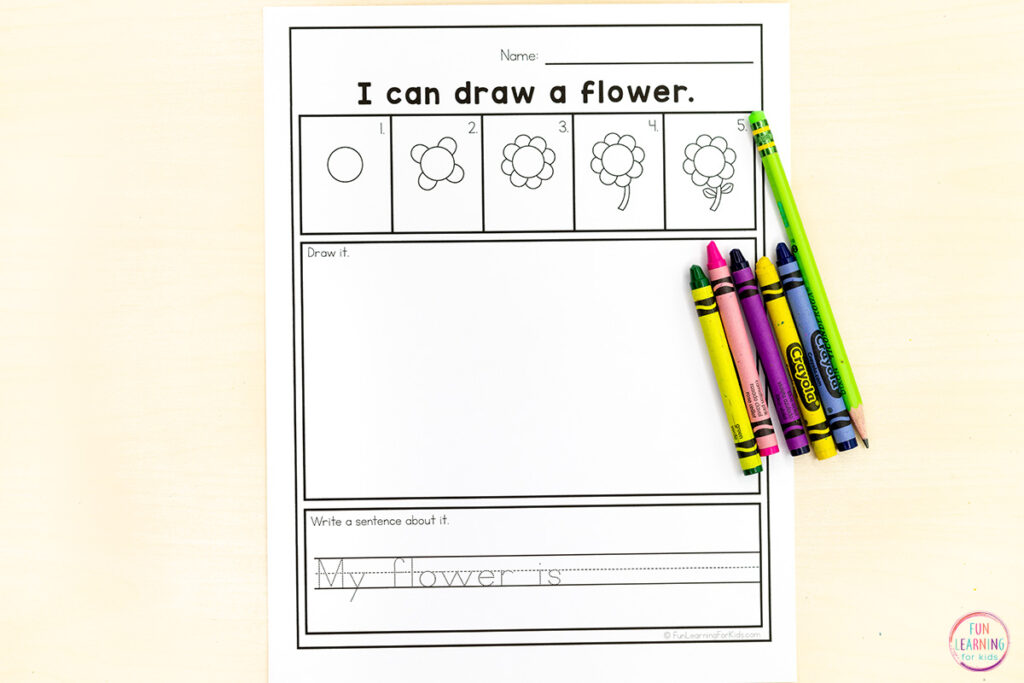Spring directed drawing sheets for kids to practice writing sentences about their drawing.
