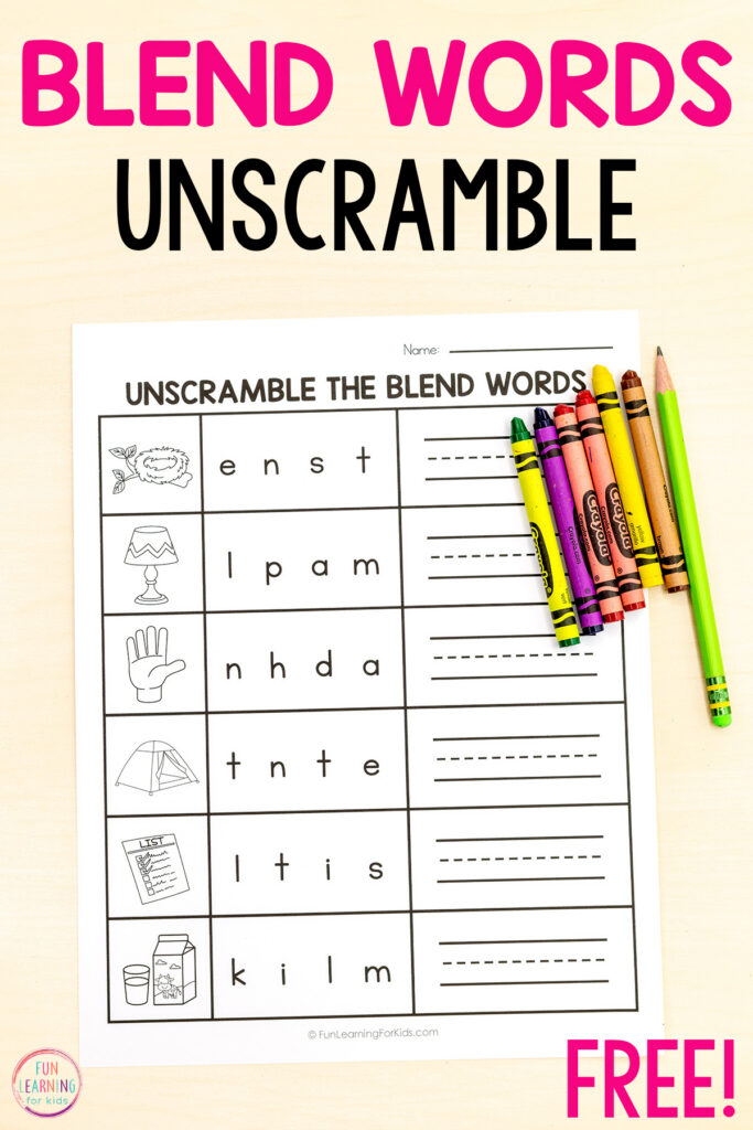Consonant blend unscramble the word worksheets for phonics practice in kindergarten and first grade.