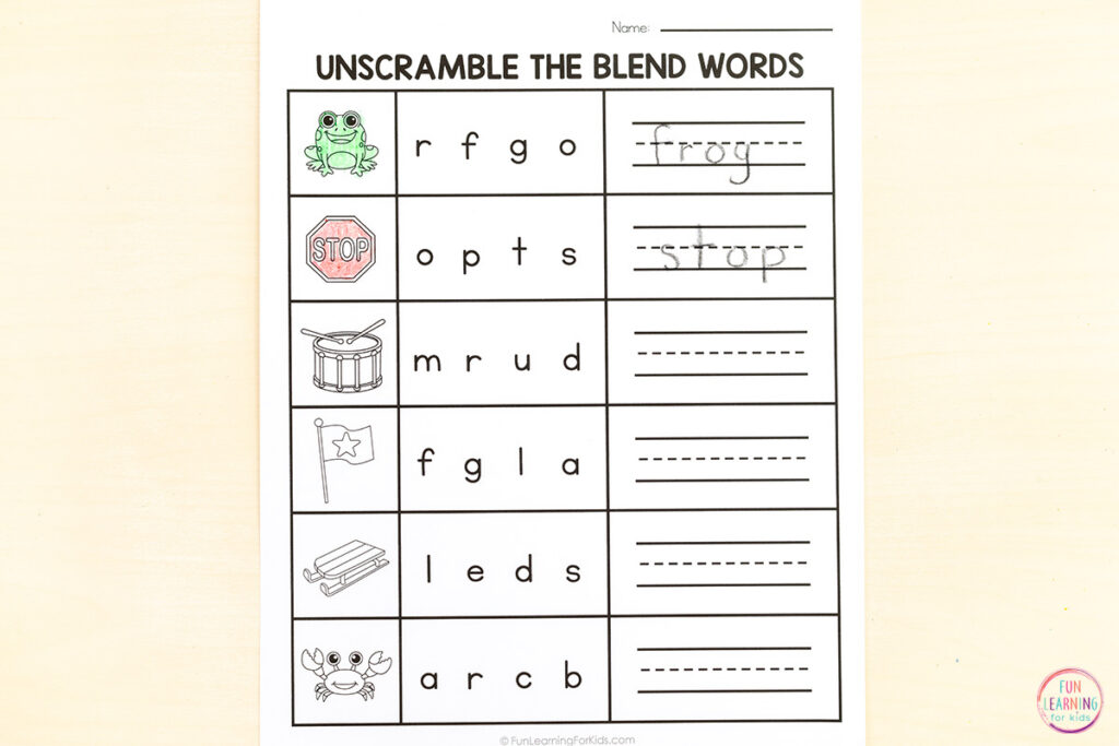Free printable consonant blend unscramble the word worksheets for beginning and ending blend reading and spelling practice.