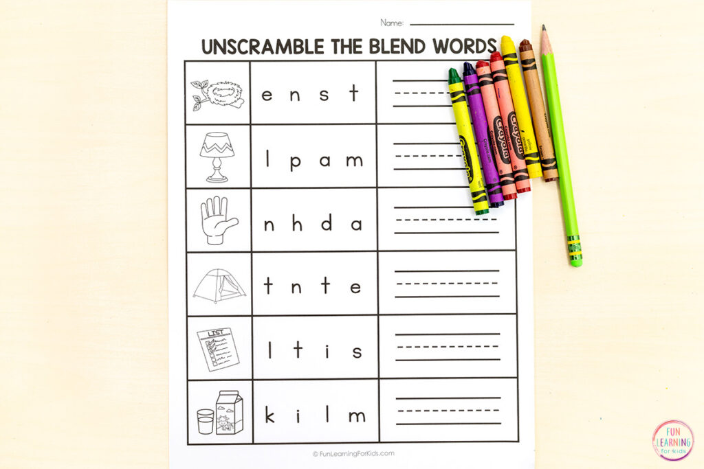 Unscramble the consonant blend worksheets for reading and spelling practice.