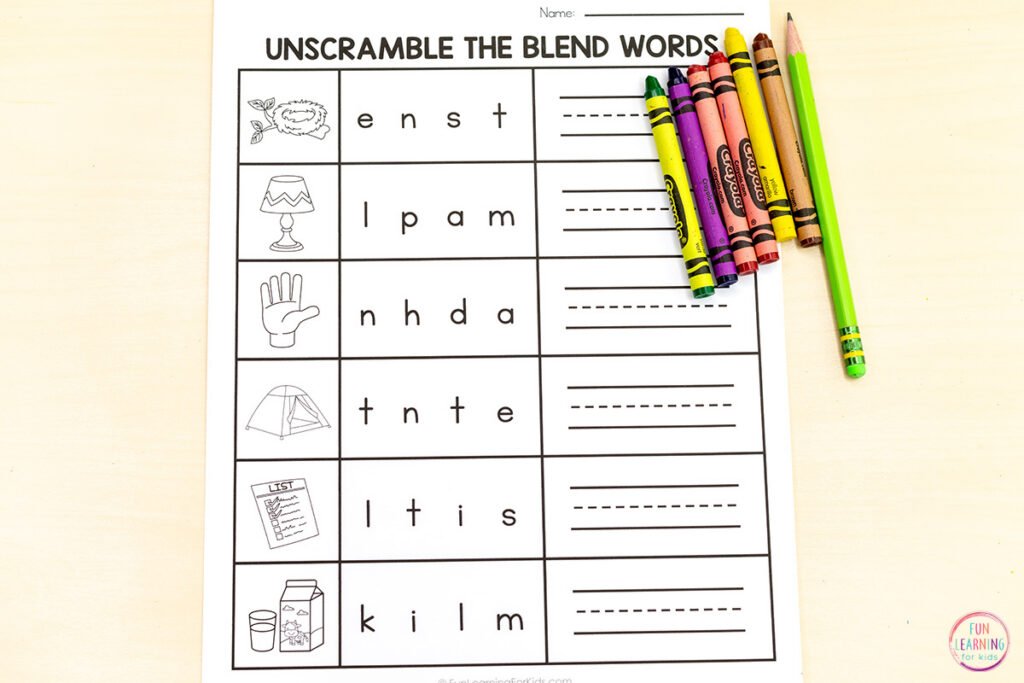 Consonant blend worksheets for phonemic awareness practice.