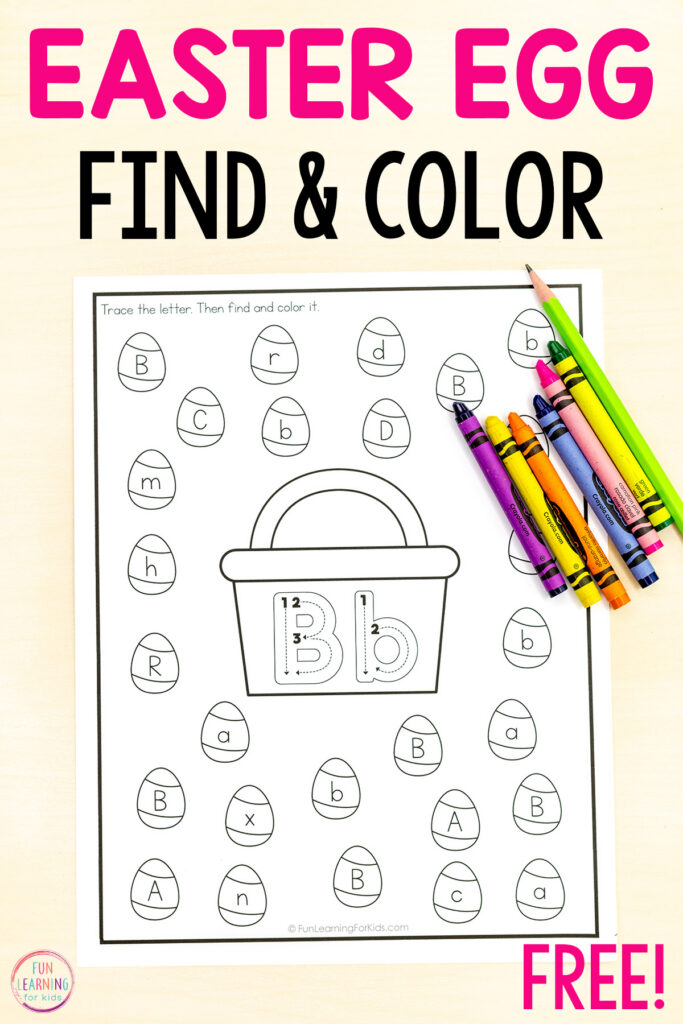 Free printable Easter egg hunt alphabet activity worksheets for kids to learn letter recognition and letter formation this Easter.
