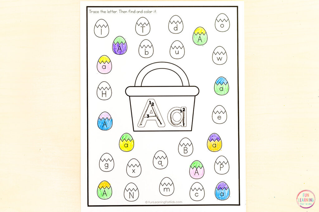 Easter egg hunt letter recognition worksheets for Easter literacy centers.