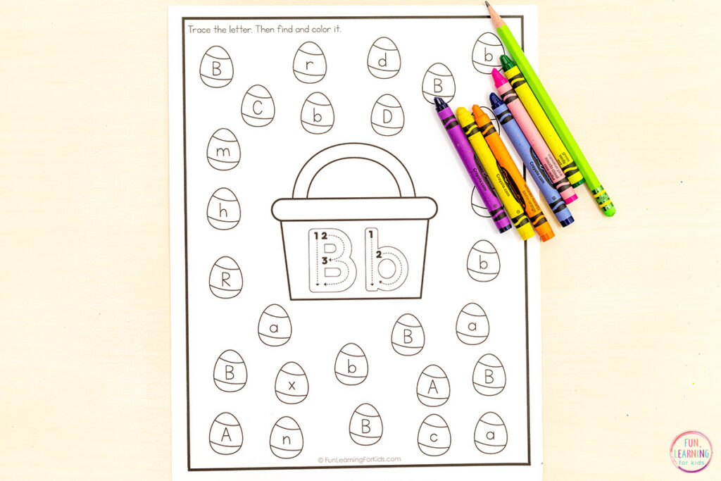 Free Easter egg hunt alphabet worksheets for kids in kindergarten, pre-k or preschool.