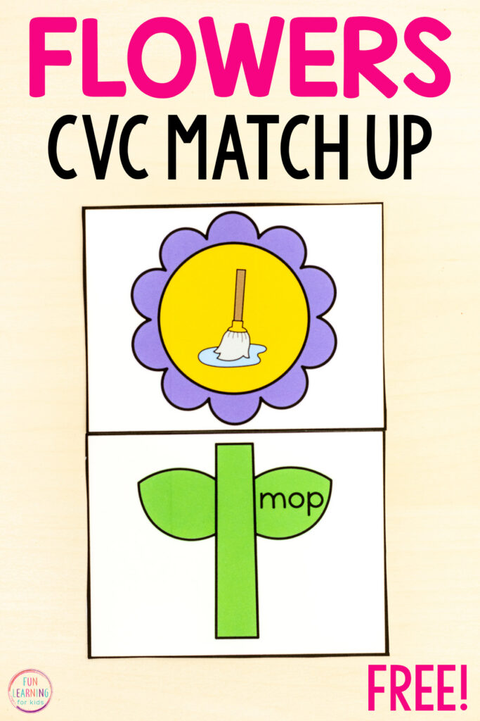 Flower CVC word match up phonics activity for kids to practice reading and writing CVC words this spring.