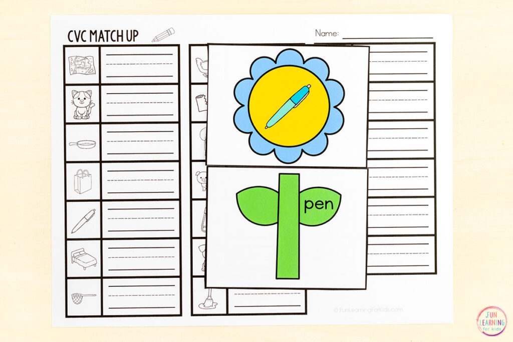 Spring flowers CVC phonics activity for kids to useduring spring literacy centers.