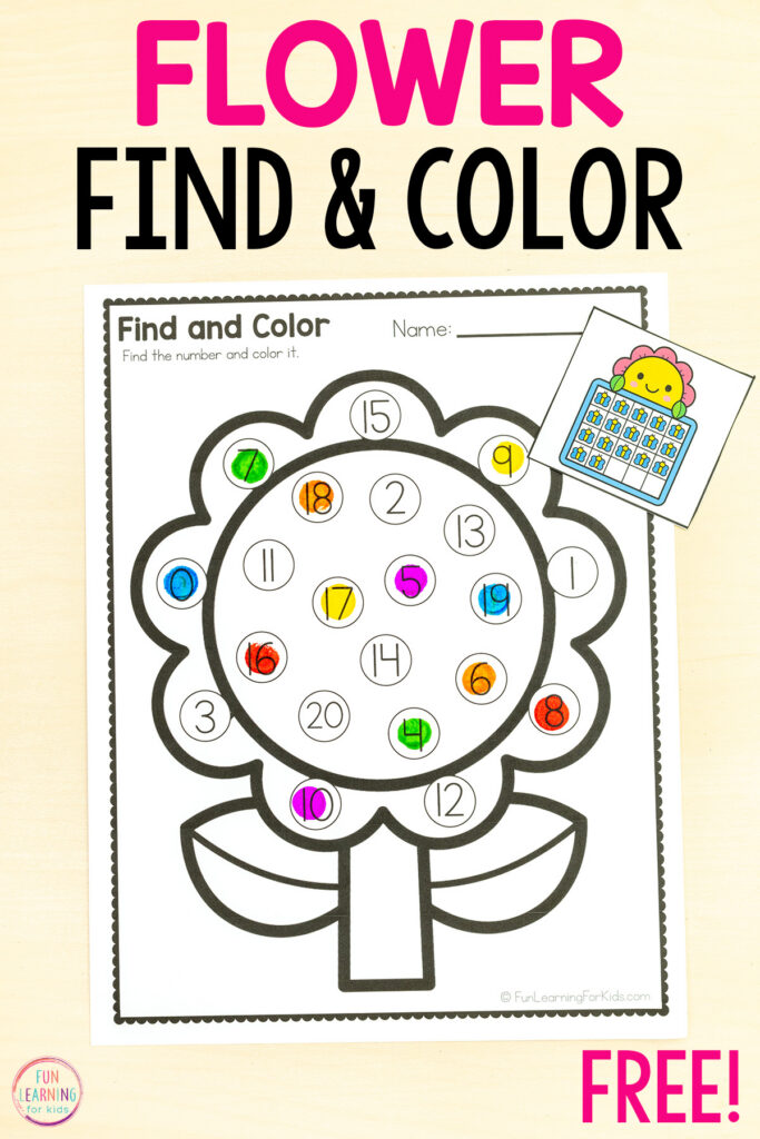 Printable spring flower find and color the number activity for building number sense through number recognition and counting.