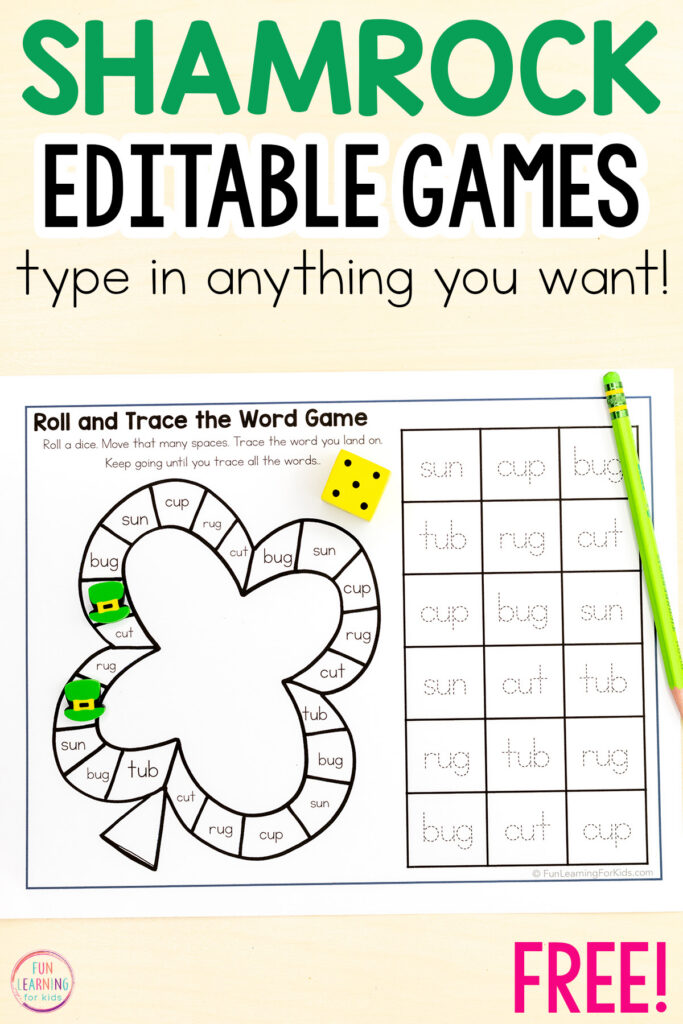 Shamrock editable St. Patrick's Day game worksheets for fun phonics or alphabet practice in preschool, kindergarten and first grade.