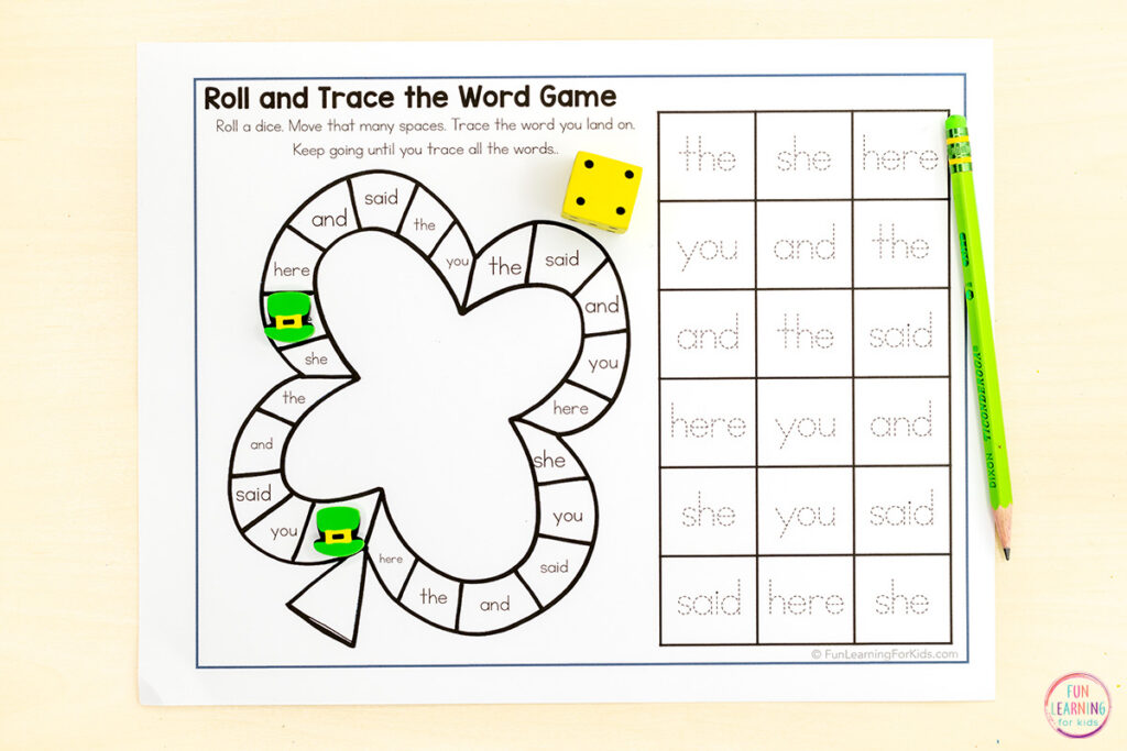 St. Patrick's Day printable board game sheets for hands-on practice with literacy skills.
