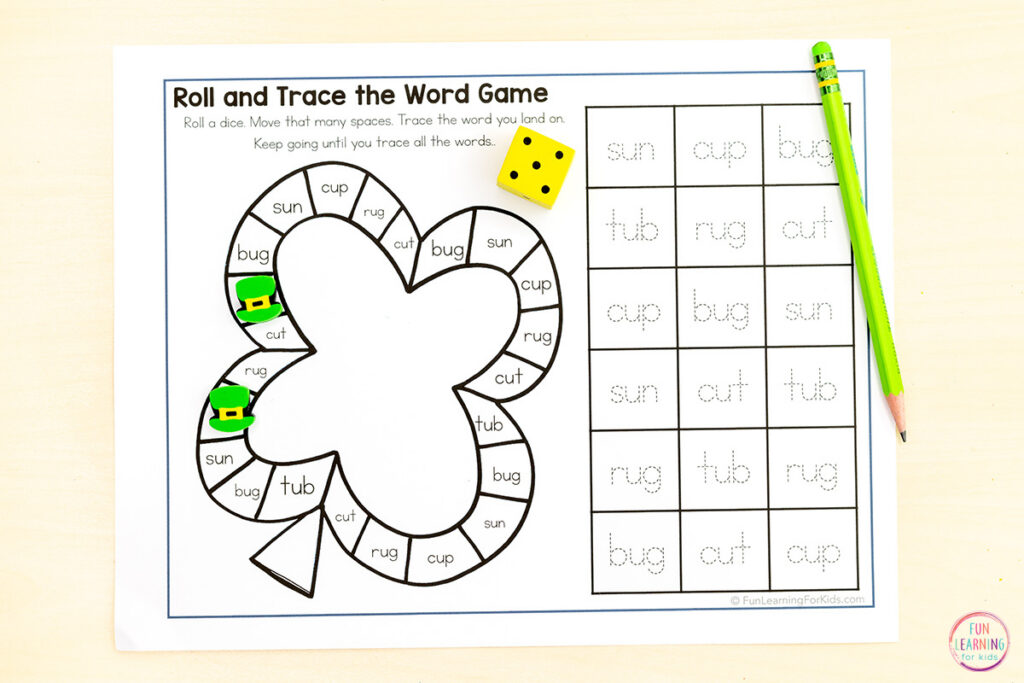 Free printable shamrock board games for phonics, high frequency words, alphabet and numbers practice.