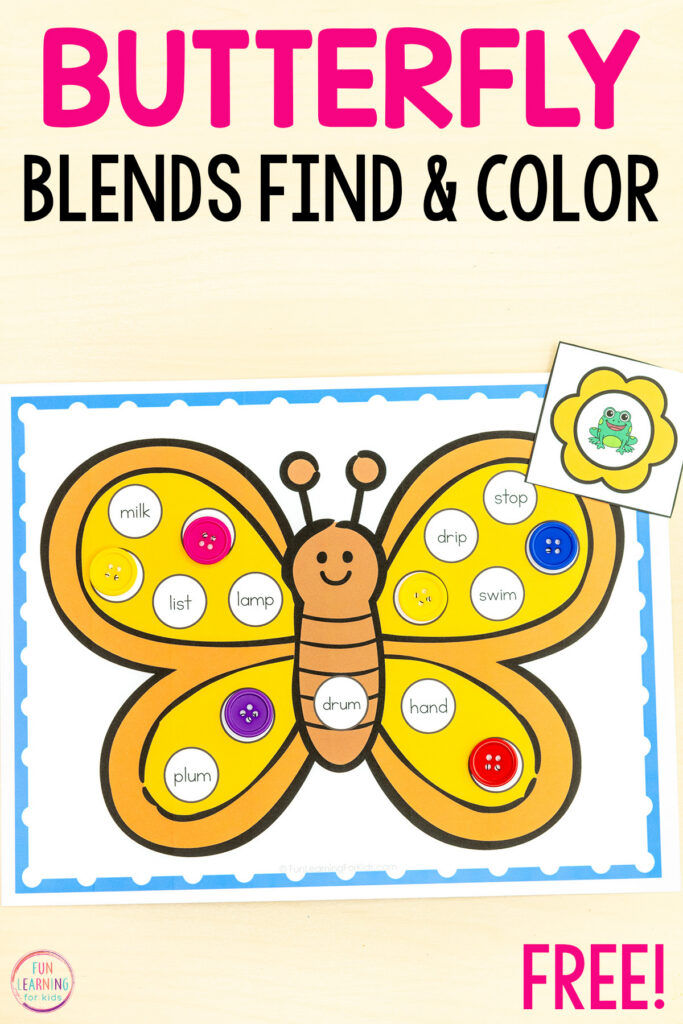 Free printable butterfly find and color blend words sheets for fun phonics practice during your Science of Reading lessons this spring.