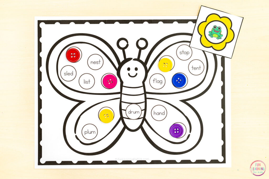 Butterfly phonics activity for learning to read words with beginning and ending consonant blends.