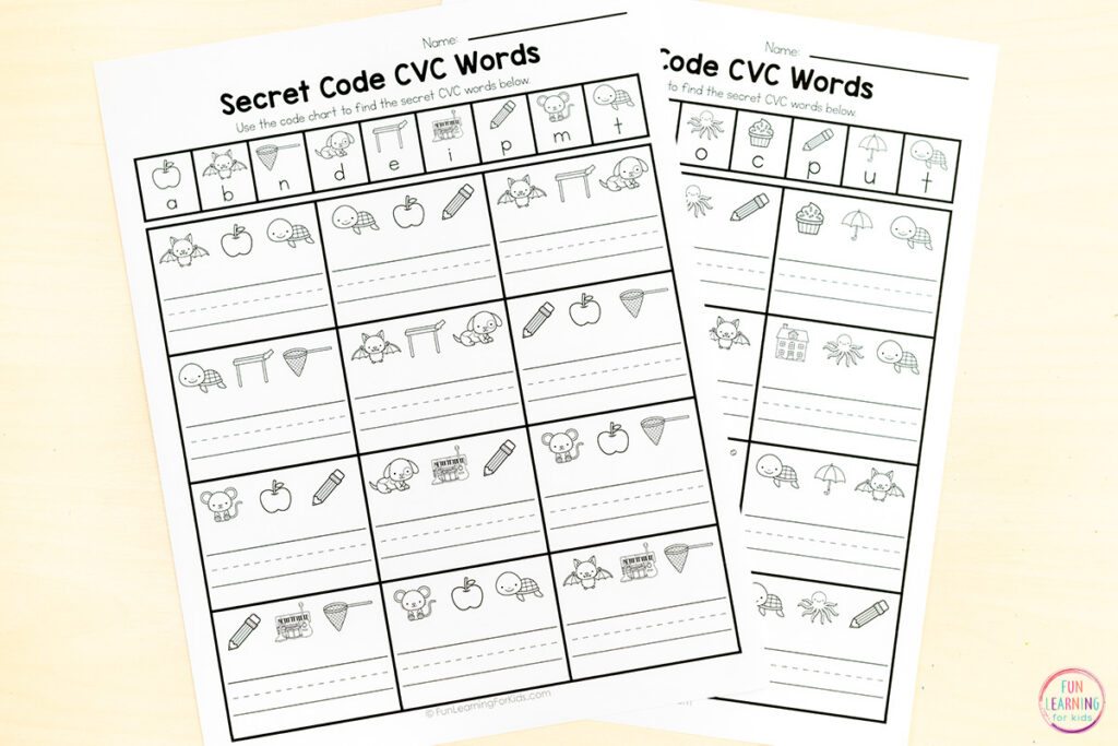 CVC secret code words phonics activity for kids.