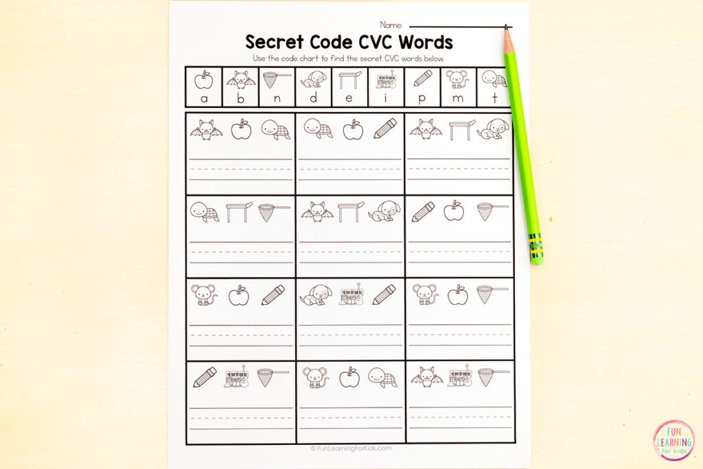 CVC words worksheets for kids in kindergarten and first grade.